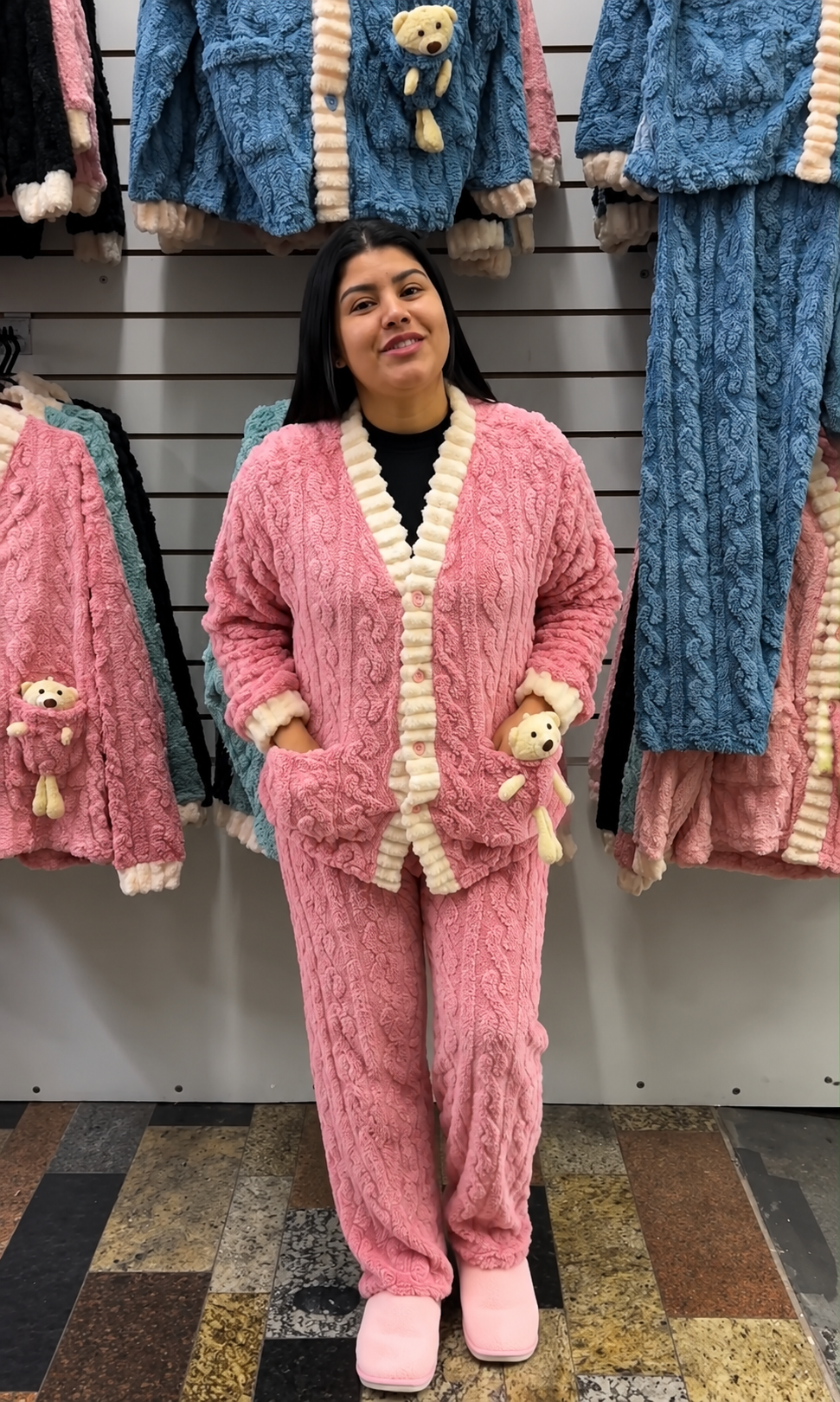 Pijama Feminino Teddy Luxo Rosa com Ursinho – Conjunto Inverno Premium