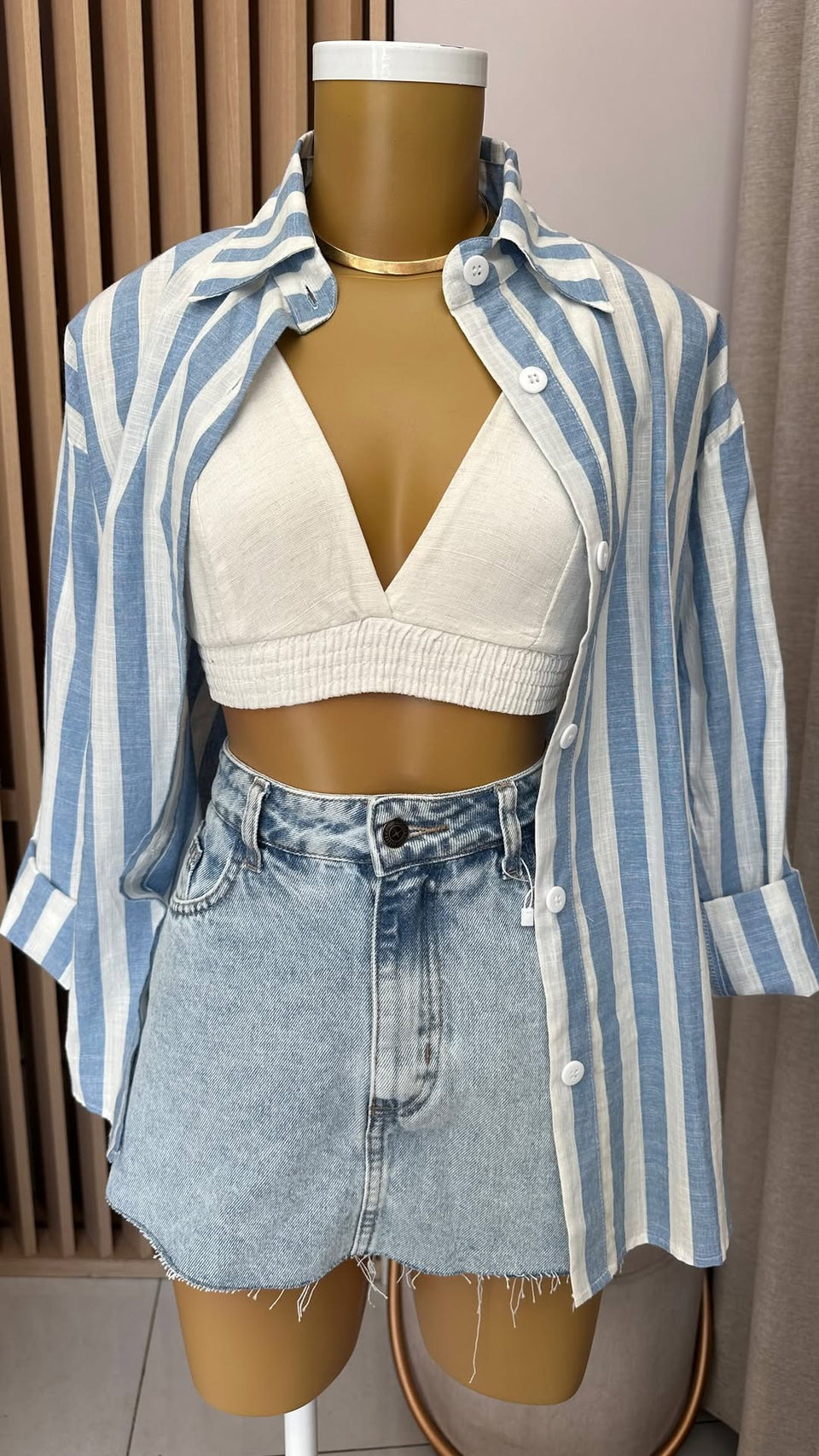 Blusão linho + jeans + top linho