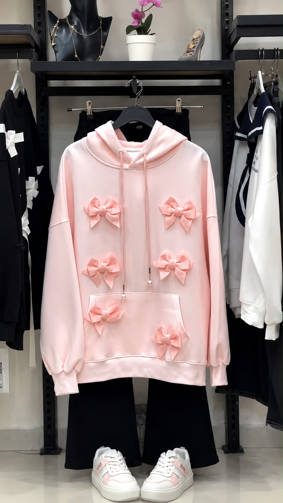 Moletom Feminino Oversized com Laços 3D – Delicadeza e Conforto em um Só Look
