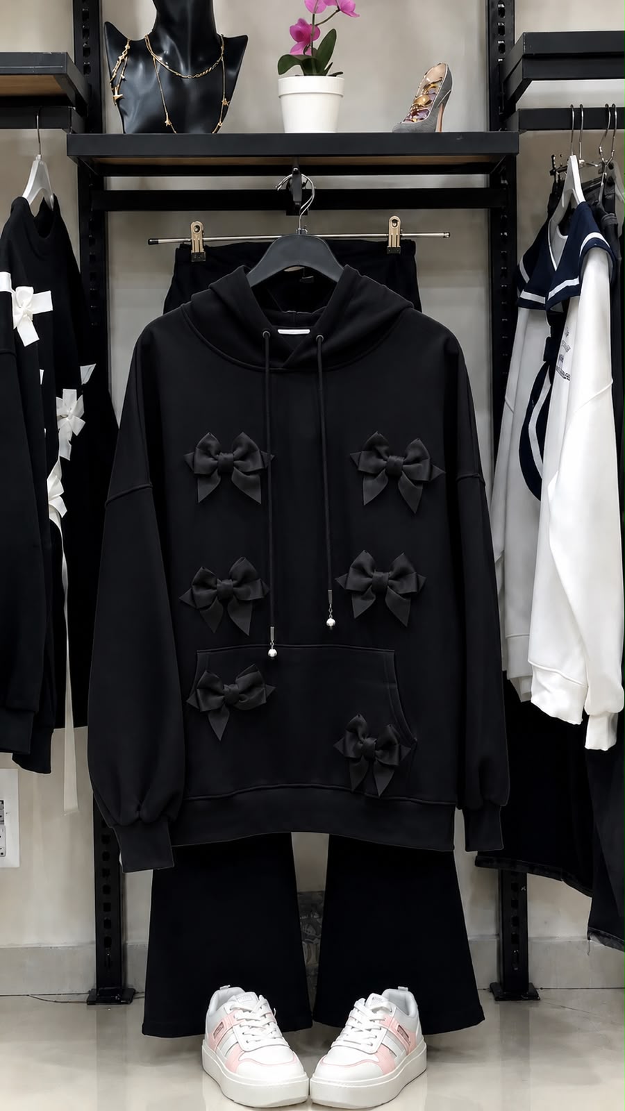 Moletom Feminino Oversized com Laços 3D – Delicadeza e Conforto em um Só Look