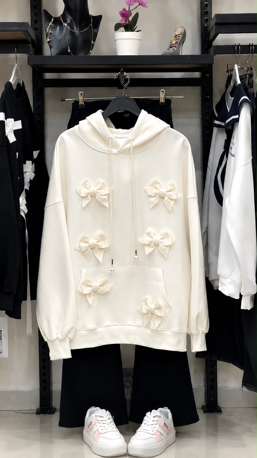Moletom Feminino Oversized com Laços 3D – Delicadeza e Conforto em um Só Look